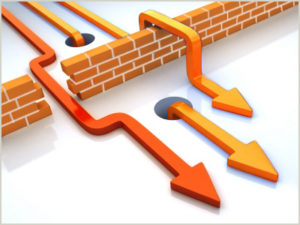 Illustration of 3 arrows finding different ways around a brick wall