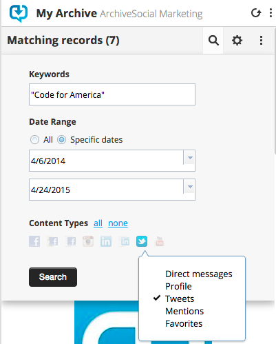 Close up screenshot of ArchiveSocial app for Hootsuite search functionality