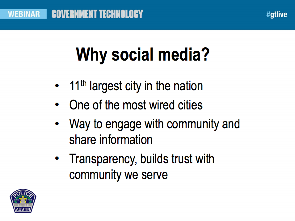 Screenshot of slide explaining why City of Austin, TX uses social media