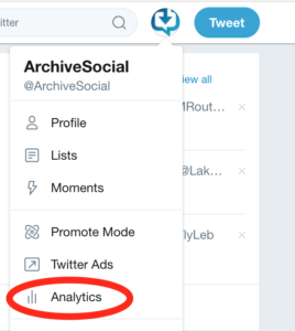 Screenshot of Twitter menu reached by clicking avatar. Analytics is circled in red. 