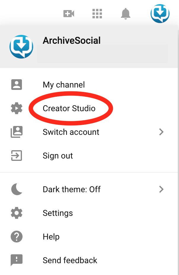 Screenshot of YouTube menu found by clicking your avatar. Creator Studio is circled in red. 