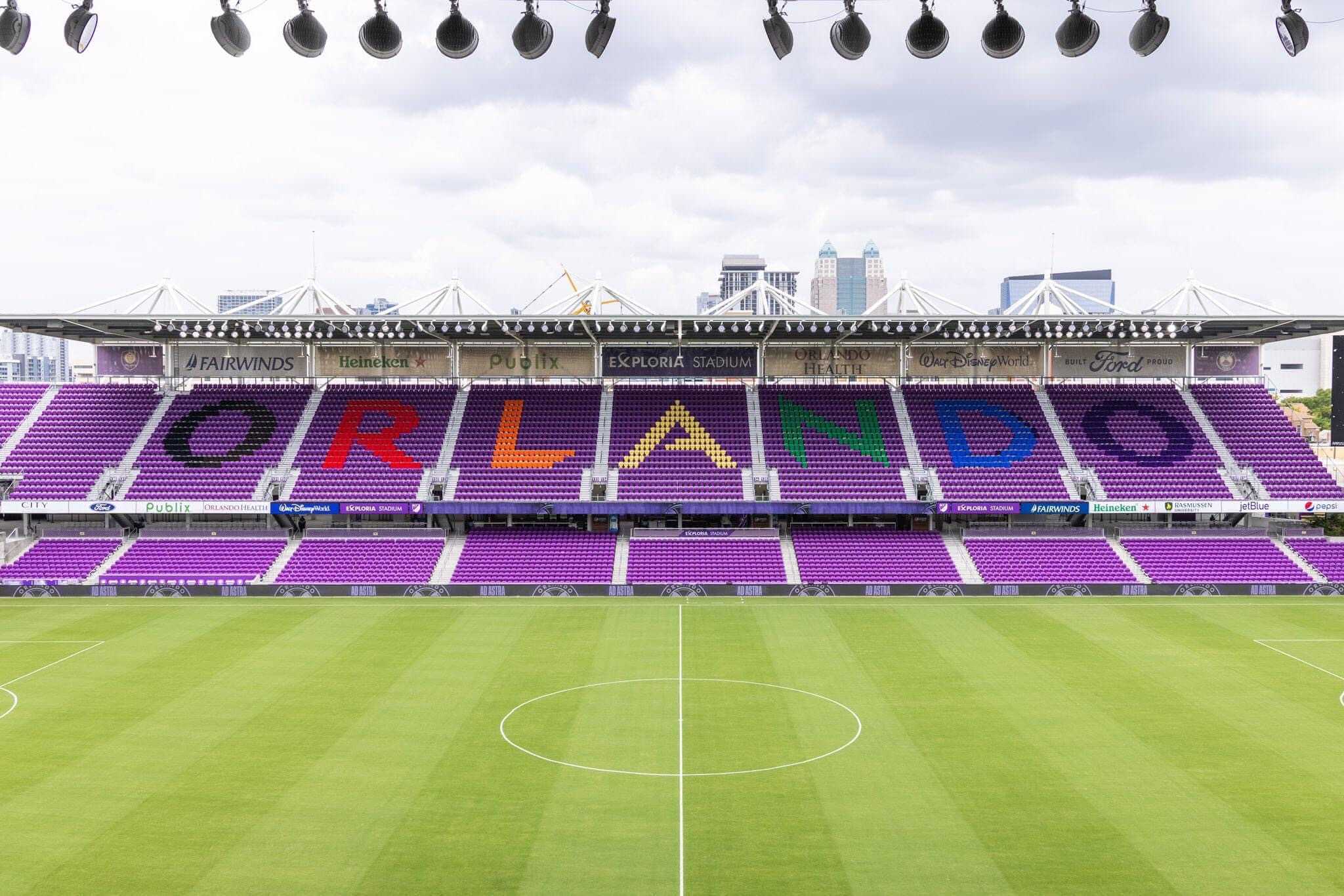 photo of the field and empty stands at Exploria Stadium in Orlando, Florida