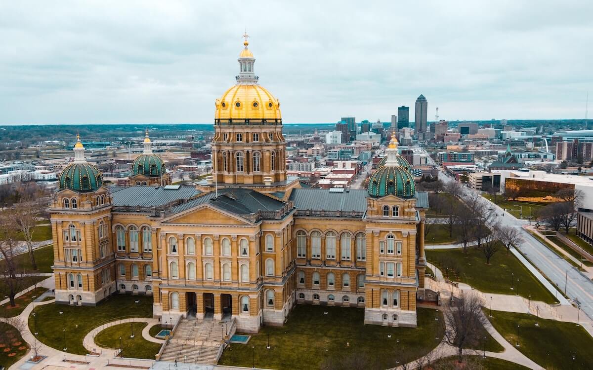 State of Iowa capitol building and Des Moines cityscape